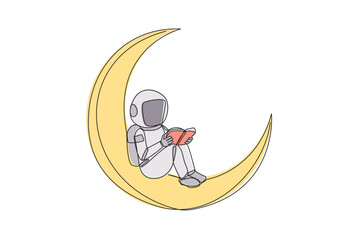 Single one line drawing astronaut sitting on crescent moon reading book. Reading story before bed. Passionate about reading in any condition. Book festival. Continuous line design graphic illustration