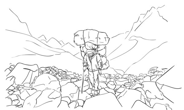Porter in Nepal carrying an extremely large load on his head in a traditional way in the Himalayas, hand drawn illustration, vector sketch, Hard working mountain people