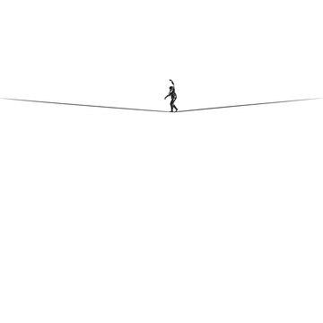 Tightrope walking, Hand drawn vector illustration, Rough sketch of man silhouette balancing while walking along a tensioned wire between two points at a great height