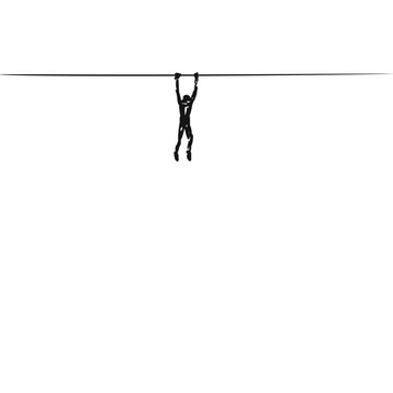Silhouette of a man hanging on a rope, grabs it with both hands, Rope stretched at a great height, Hand drawn illustration, Vector sketch