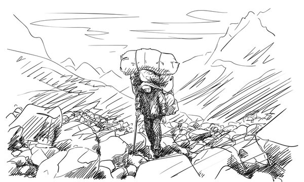 Porter in Nepal carrying an extremely large load on his head in the Himalayan mountains in a traditional way, hand drawn illustration, vector sketch, Hard working people