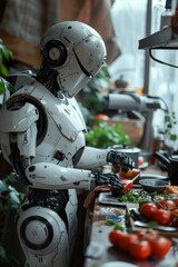 Fototapeta premium Side view of ai robot in the kitchen preparing food with fresh vegetables