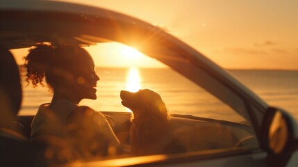 Woman and Dog Sitting Inside Car Parked on Sandy Beach, Happy Pet Owner Road Trip Lifestyle Photography for Automotive, Travel Ads