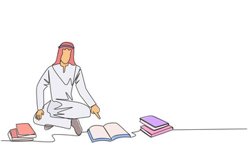 Single one line drawing Arabian man reading the books happily. Good reading interest. Really enjoy reading story books. Reading everywhere. Book festival concept. Continuous line graphic illustration