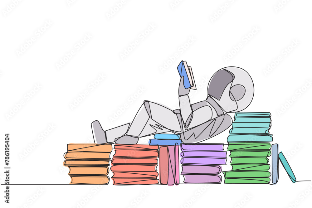 Poster single one line drawing astronaut lying down on a stack of books lined up. relax while reading the f