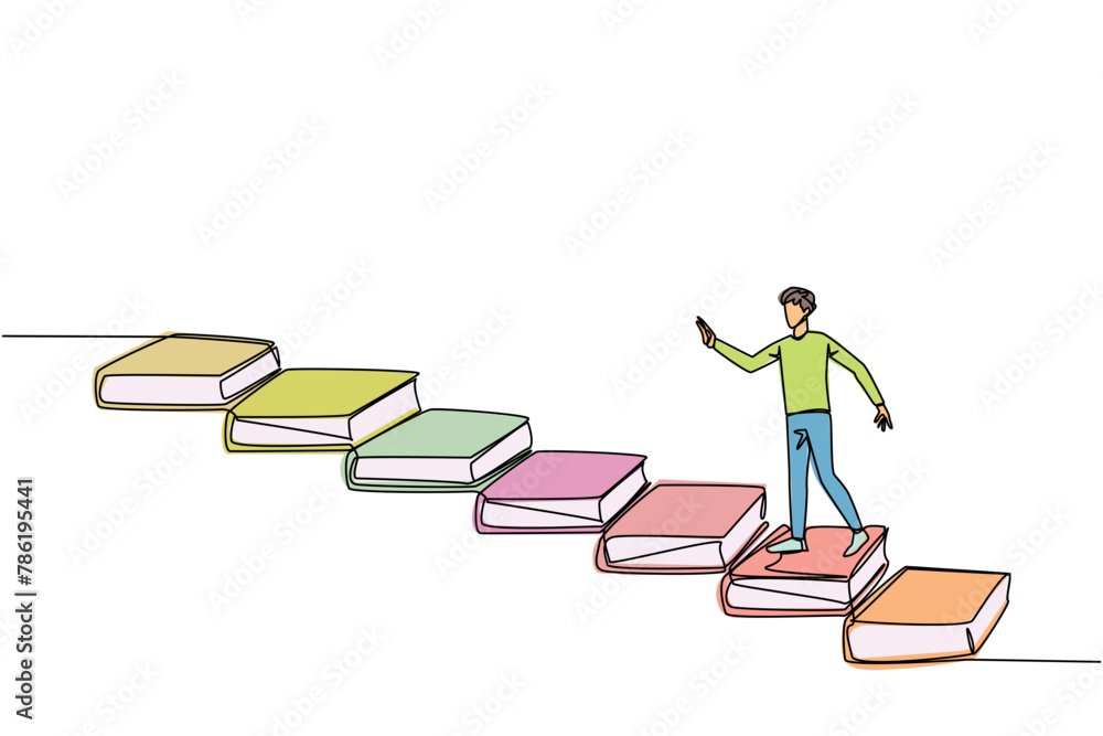 Poster continuous one line drawing man climb stairs from books. reading increases knowledge which can incre