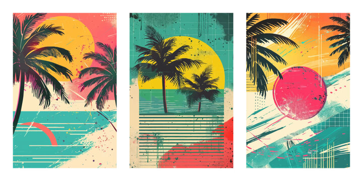 Set of hand drawn abstract summer landscape backgrounds. Retro vector elements for poster, flyer, cards, web.