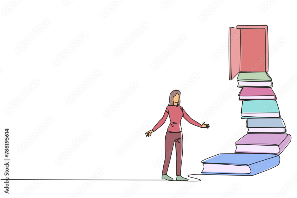 Poster single one line drawing woman climb the stairs from the book stack. towards the wide open door. meta
