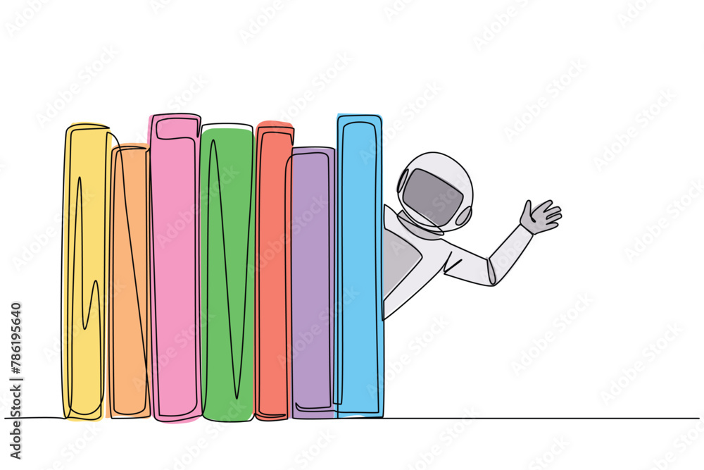 Poster continuous one line drawing astronaut appears from behind a row of books. invitation to read books a