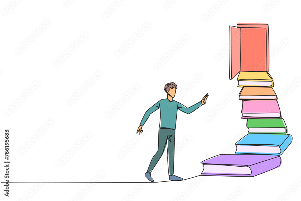 Poster single one line drawing man climb the stairs from the book stack. towards the wide open door. metaph