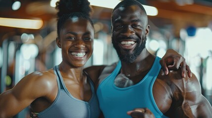 Joyful African Fit Couple Celebrating After Workout Session, Black Partners Embracing Healthy Active Lifestyle Photography for Fitness Marketing