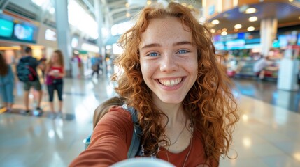 Smiling Young Female Tourist Taking Selfie Photo at Airport Terminal, Carefree Solo Travel and Social Media Lifestyle