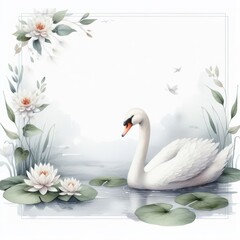 Obraz premium Elegant Swan Amongst Lilies with Subtle Frame