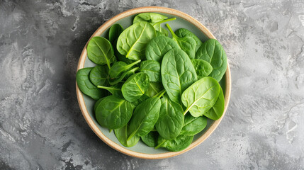 Bowl of vibrant fresh spinach leaves on a textured gray background.