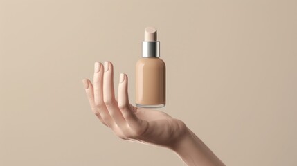 Beauty Cosmetic Foundation Bottle Product Mockup Levitating on Woman's Hand, Makeup Branding, Advertising