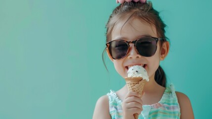 Cute Little Girl in Sunglasses and Casual Outfit Happily Eating Ice Cream Cone, Joyful Kid Summer Fun Lifestyle Photography for Children's Products
