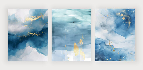 Blue watercolor wall art prints with golden lines shlashes 
