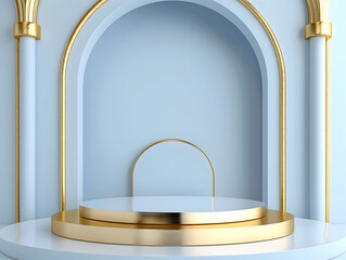 Blue with gold 3d podium. Pastel golden round scene render
