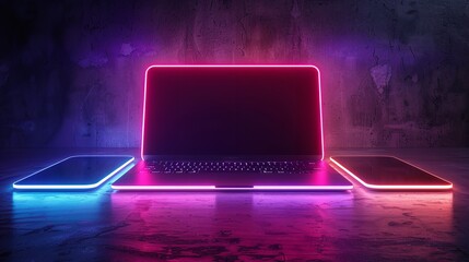 laptop and tab on a dark backdrop decorated with neon light on clean surface with a big space for text or product backdrop, Generative AI. - obrazy, fototapety, plakaty