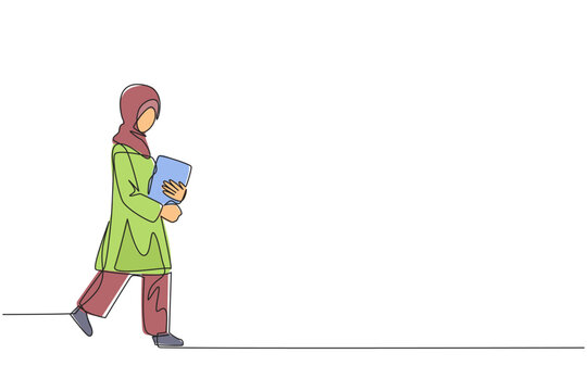 Continuous one line drawing Arabian woman walking carrying a book. Walking back home after visiting the book festival. Hobby reading. Very good habit. Single line draw design vector illustration