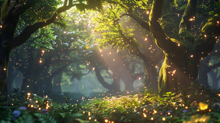 Whimsical Forest Scene with Glowing Fireflies and Giant Trees in 3D