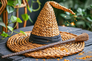 A witch hat and broomstick made of straw.
