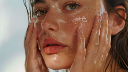 Glowing Beauty: Close-Up Fashion Portrait of Woman Applying Cleanser