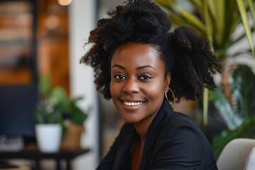 Portrait of happy black female entrepreneur in office looking at camera