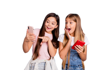 Close up photo two people little she her blond brunette girls long pretty hair telephone point finger to touch screen open mouth wearing casual jeans denim t-shirts isolated blue bright background
