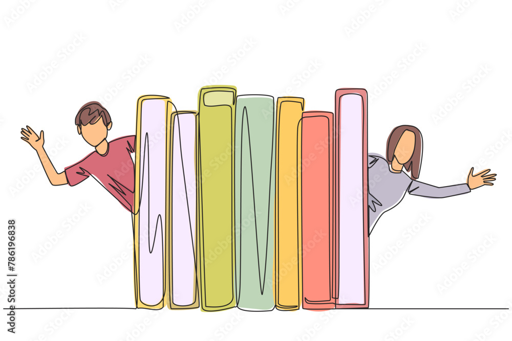Poster continuous one line drawing man woman appears from behind a row of books. invitation to read books a