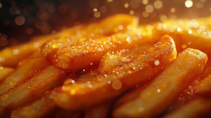 Close up of glittering French fries, a popular deepfried dish in cuisine - obrazy, fototapety, plakaty