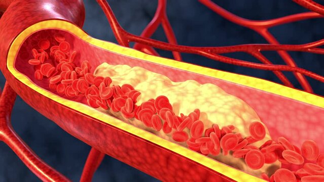 Flow of red blood cells in a blood vessel close-up. A growing cholesterol plaque on the wall of a blood vessel. 3D render.
