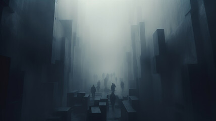 abstract silhouettes of people in the fog of an urban landscape fictional graphics - obrazy, fototapety, plakaty