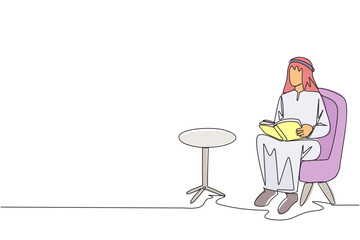 Single one line drawing Arabian man sitting reading on sofa. Reading focus in the living room. Relieve fatigue from daily activities. Book festival concept. Continuous line design graphic illustration