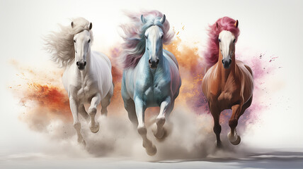Obraz premium three unusual fairytale running horses, in a dynamic pose