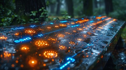 A close-up of a glowing, blue touchscreen interface on a smart, connected park bench