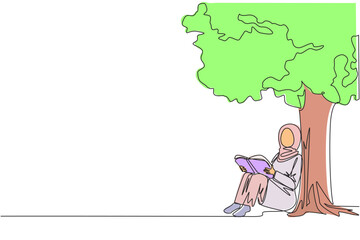 Continuous one line drawing Arab woman sitting reading book under shady tree. Continuing second volume of the fiction story book. Enjoy reading. Book festival. Single line design vector illustration