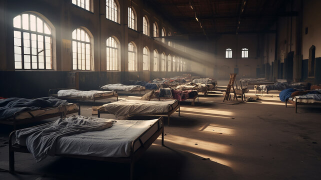 interior of a bedroom, sleeping places in a refugee camp mass accommodation of displaced people, fictional abstract interior