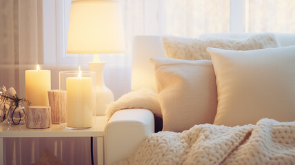 background home comfort, pastel colors of the interior burning candles the atmosphere of the winter holiday of Christmas