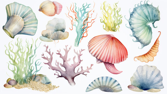 watercolor illustration collection underwater world of fish and corals isolated on a white background