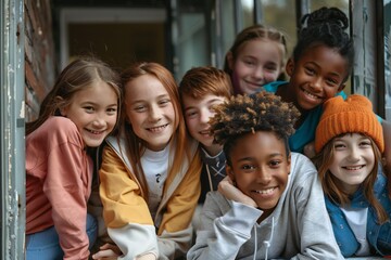 Fototapeta premium Cheerful diverse school friends having fun together. Banner with group portrait of happy multiethnic teenagers. Multiracial boys and girls sitting on window sill, looking at camera and smiling