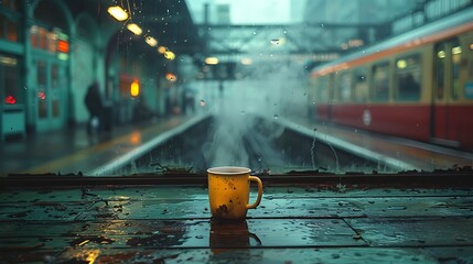 Within the confines of a bustling train station, a lone traveler finds solace in the familiar ritual of brewing a cup of coffee. - obrazy, fototapety, plakaty