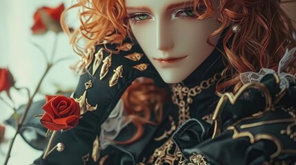 A ball jointed doll. Super dollfie. Peridot eyes. Male. Red rose decoration. Noble dress. real, photography style. - obrazy, fototapety, plakaty