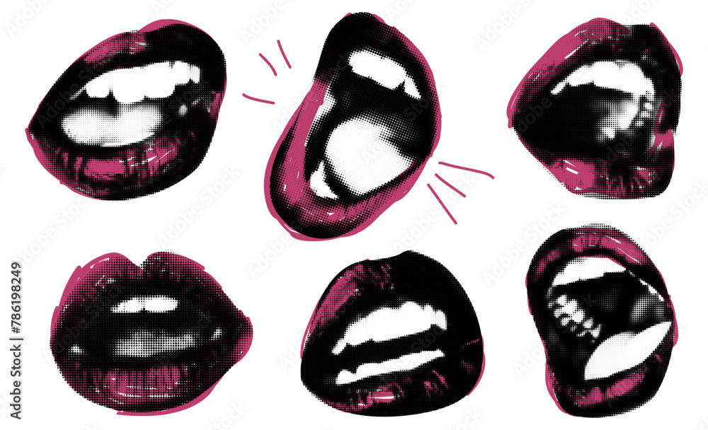 Wall mural pop art mouth elements with marker lipstick pink scribble line. grunge black and white open mouth wi