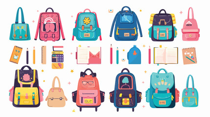 School backpacks set. Cute boys girls children full