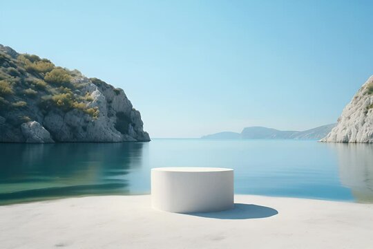 3d rendering of a white podium on a sandy beach with a blue ocean and rocky cliffs in the background