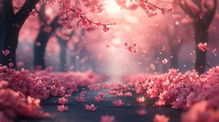 Keuken spatwand met foto A beautiful pink and white scene of cherry blossoms with a path in the middle © tope007