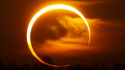 Eclipse solar, a large orange sun is in the sky, with a large circle of light around it