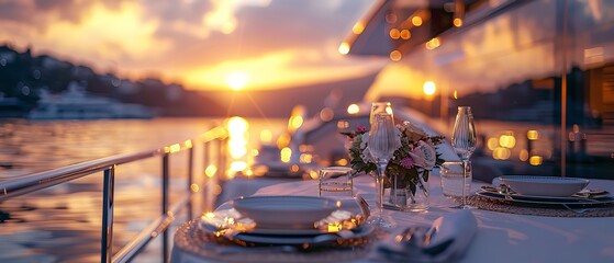 Fototapeta na wymiar Romantic dinner on yacht with a sunset view and beautiful sea scenery with a big space for text or product advertisement, Generative AI.