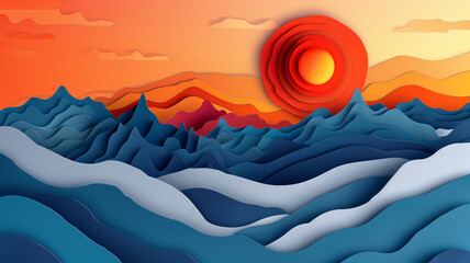 Fototapeta premium High blue mountains against the backdrop of a shining red sun